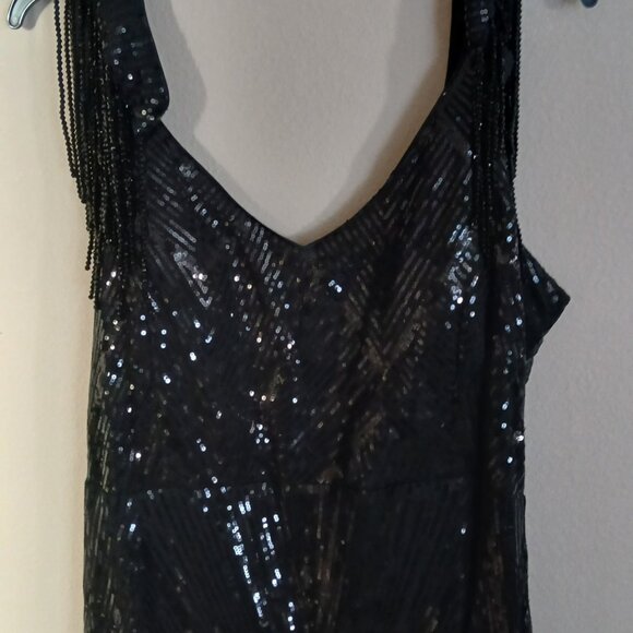 Black Sequin Fringe Sleeve Maxi Dress Plus Size - Picture 3 of 9